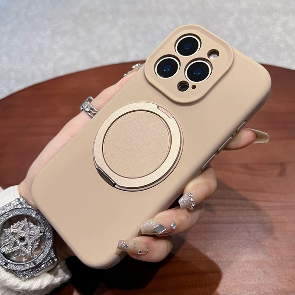 For iPhone 16 Pro Magnetic Case Rotating Kickstand Liquid Silicone PC Phone Cover Skin Touch - Desert Gold