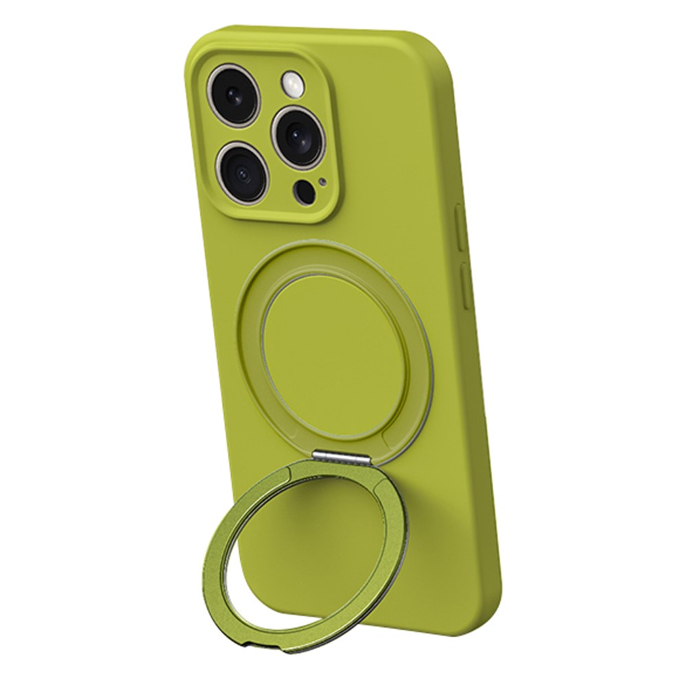For iPhone 13 Pro Max Magnetic Case Rotating Kickstand Liquid Silicone PC Phone Cover Skin Touch - Green
