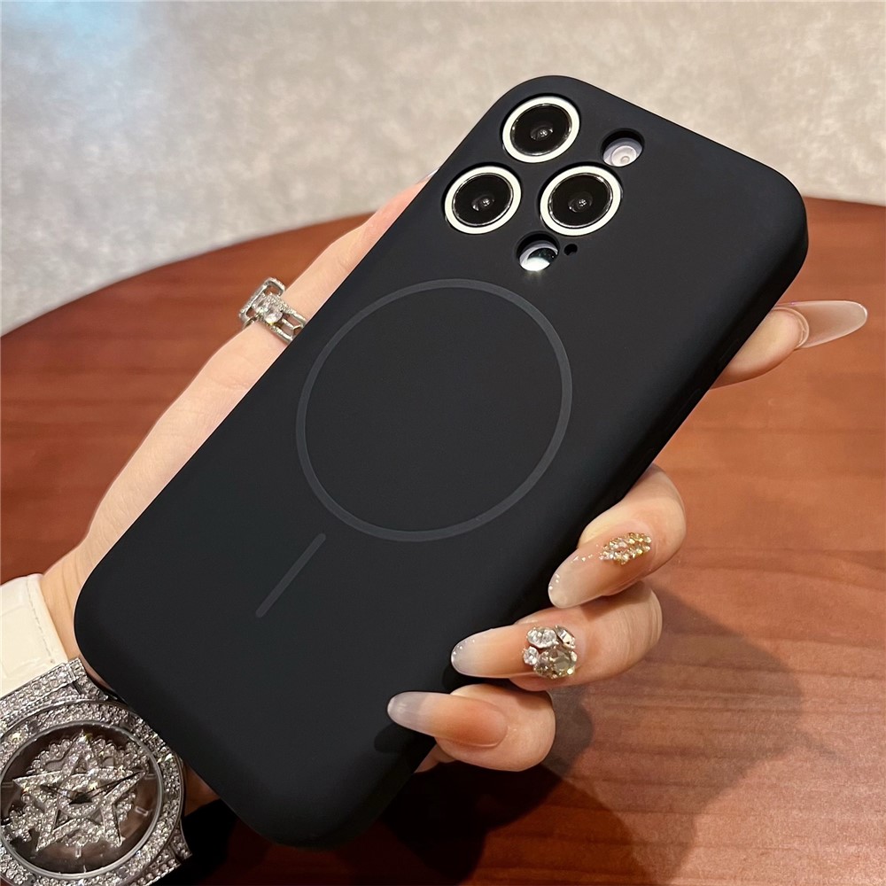 For iPhone 15 Pro Max Magnetic Case Skin Touch Liquid Silicone PC Shockproof Phone Cover - Black