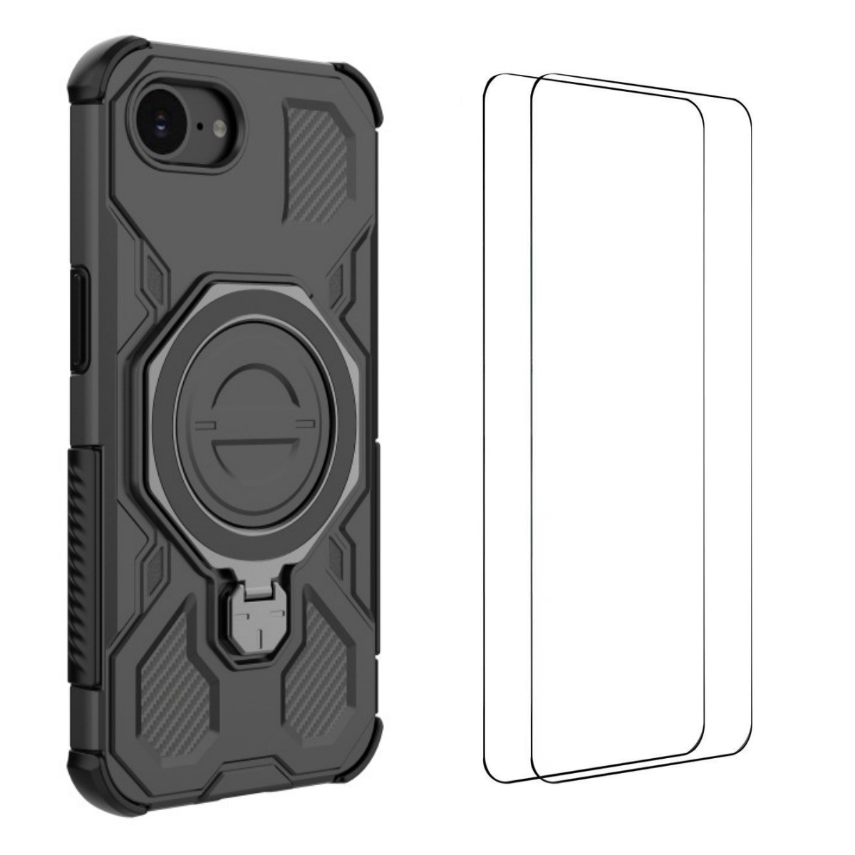 For iPhone 16e Case Kickstand with 2Pcs Screen Film WANLONFENG KJ Series PC TPU Phone Cover (Big Lens Hole) - Black