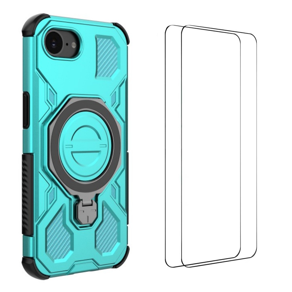 For iPhone 16e Case Kickstand with 2Pcs Screen Film WANLONFENG KJ Series PC TPU Phone Cover (Big Lens Hole) - Green