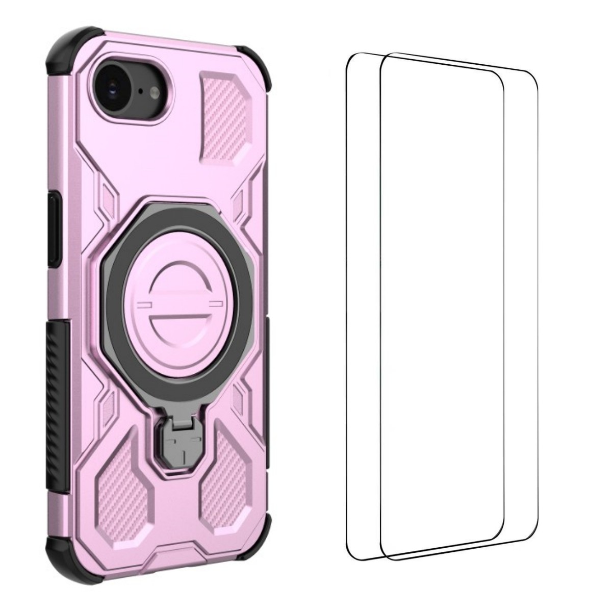 For iPhone 16e Case Kickstand with 2Pcs Screen Film WANLONFENG KJ Series PC TPU Phone Cover (Big Lens Hole) - Purple