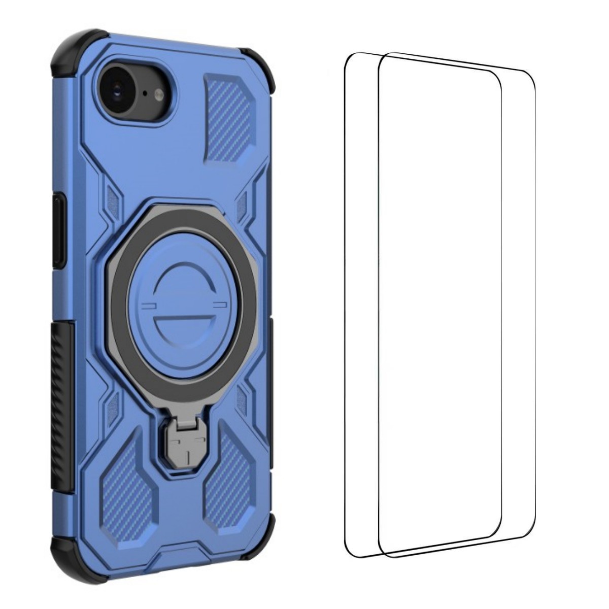 For iPhone 16e Case Kickstand with 2Pcs Screen Film WANLONFENG KJ Series PC TPU Phone Cover (Big Lens Hole) - Blue