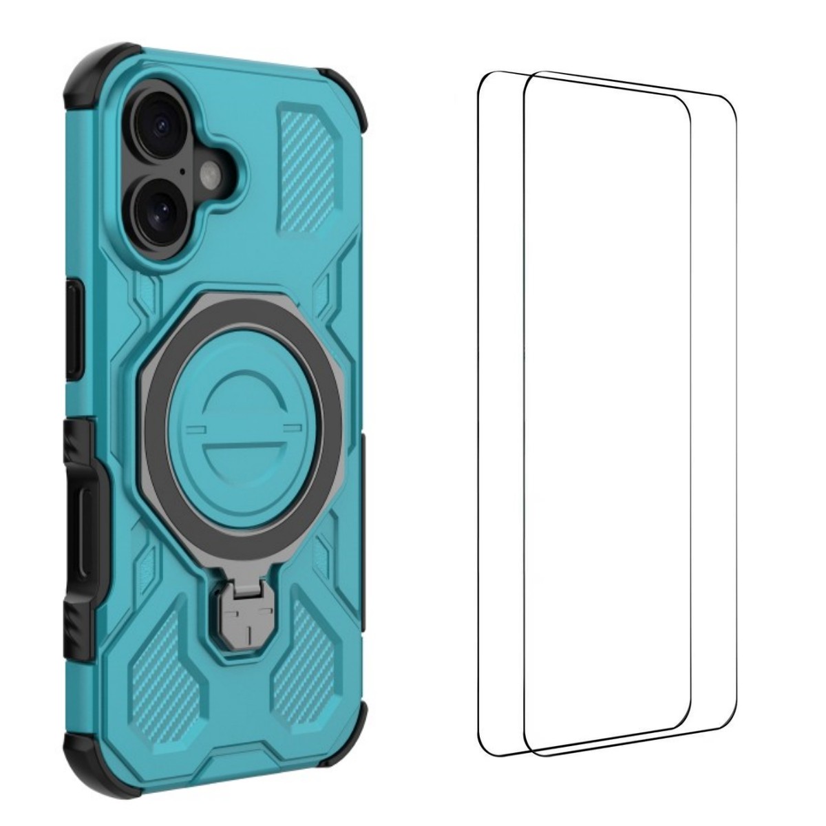 For iPhone 16 Case Kickstand with 2Pcs Screen Film WANLONFENG KJ Series PC TPU Phone Cover (Big Lens Hole) - Green