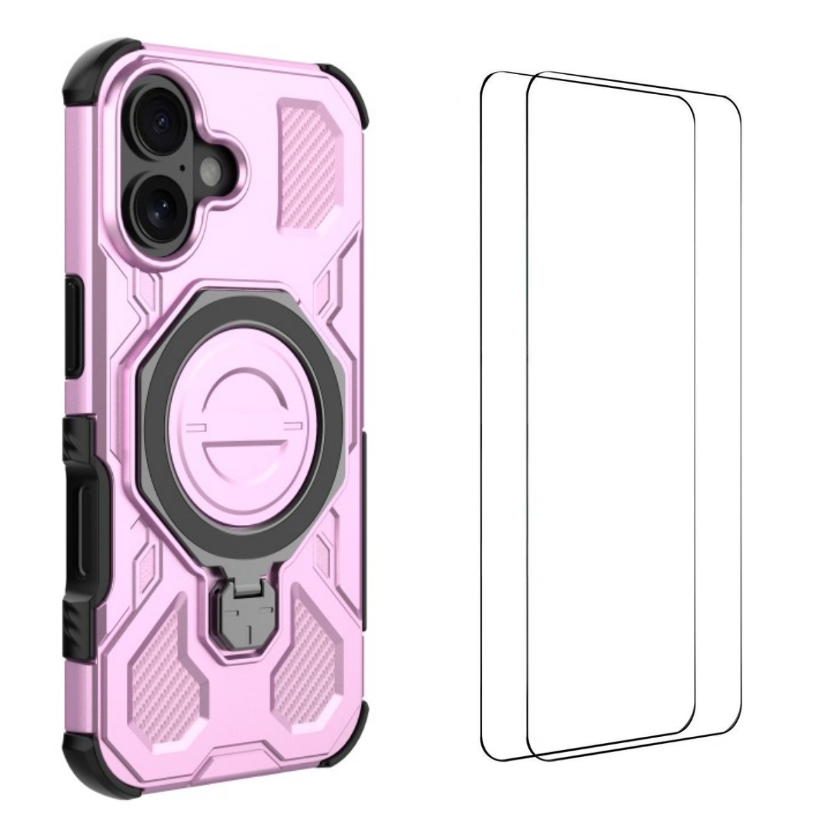 For iPhone 16 Case Kickstand with 2Pcs Screen Film WANLONFENG KJ Series PC TPU Phone Cover (Big Lens Hole) - Purple