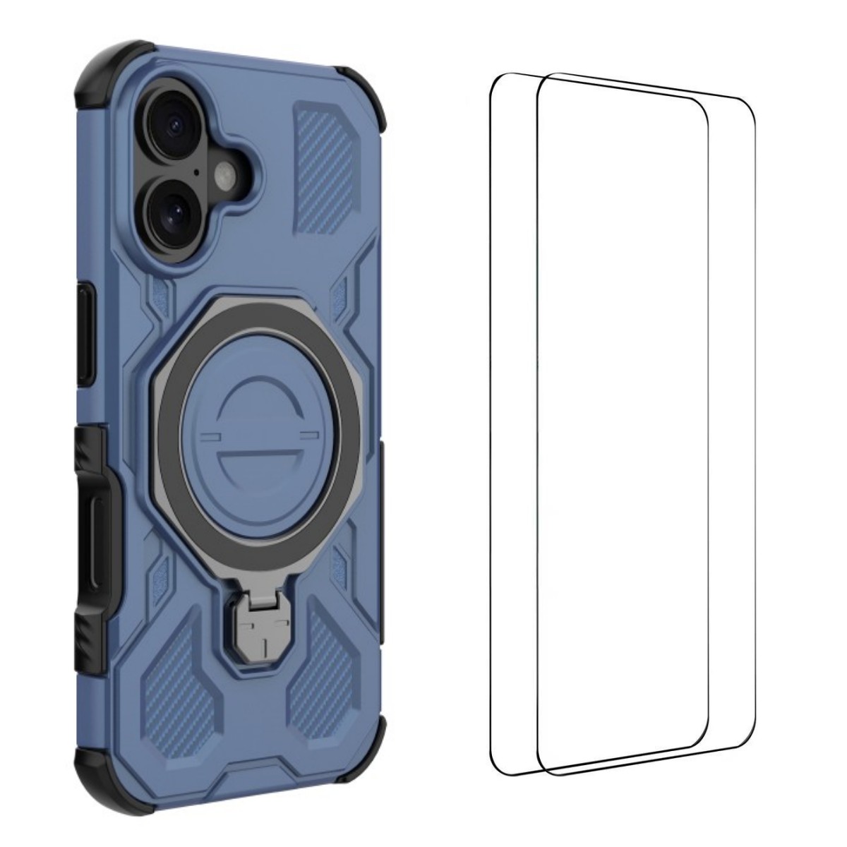 For iPhone 16 Case Kickstand with 2Pcs Screen Film WANLONFENG KJ Series PC TPU Phone Cover (Big Lens Hole) - Blue