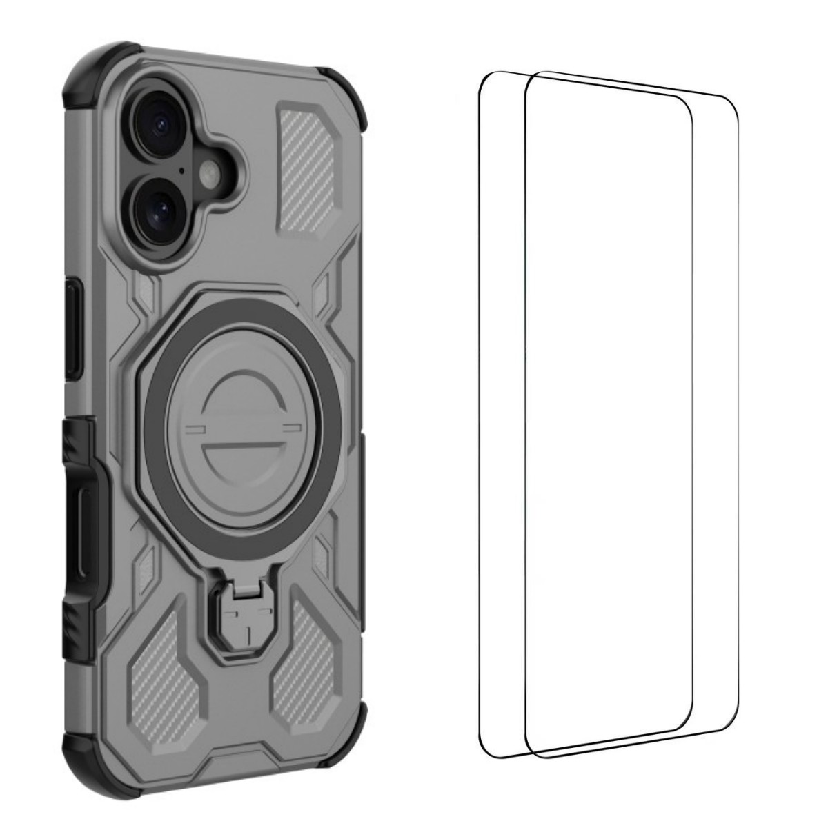 For iPhone 16 Case Kickstand with 2Pcs Screen Film WANLONFENG KJ Series PC TPU Phone Cover (Big Lens Hole) - Grey