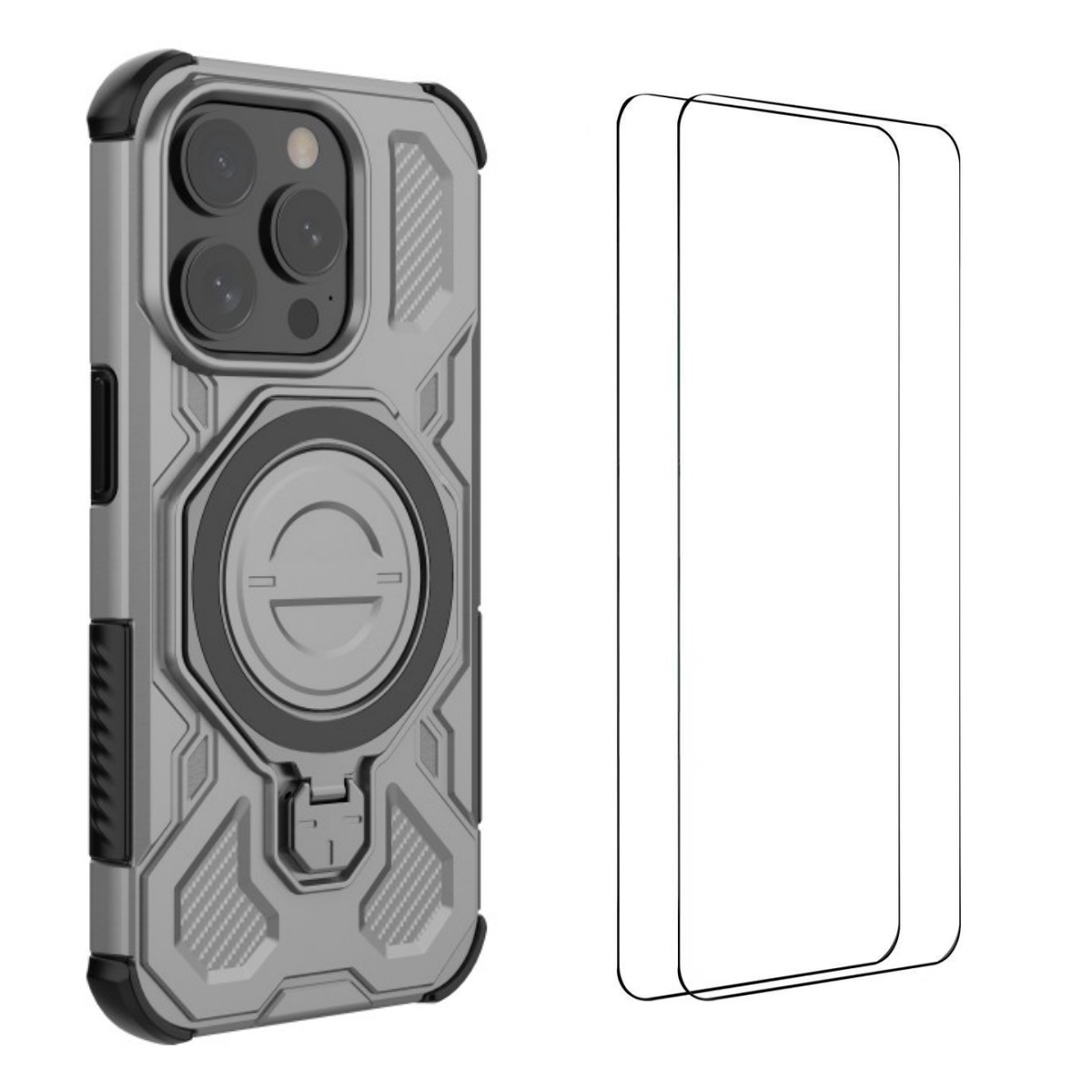 For iPhone 15 Pro Case Kickstand with 2Pcs Screen Film WANLONFENG KJ Series PC TPU Phone Cover (Big Lens Hole) - Grey