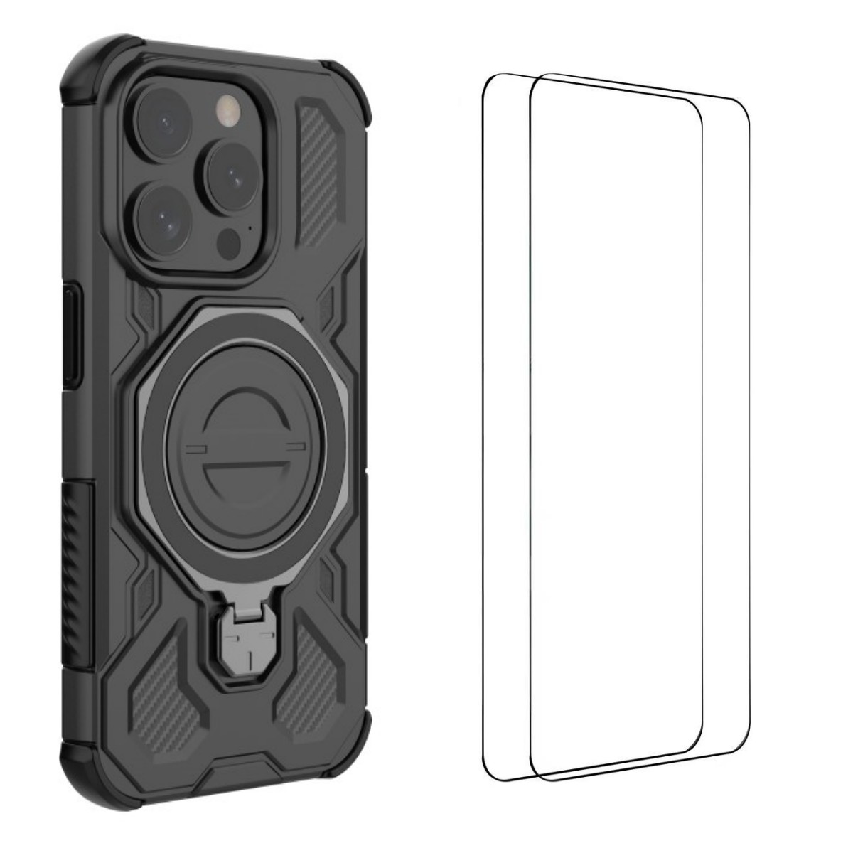 For iPhone 15 Pro Max Case Kickstand with 2Pcs Screen Film WANLONFENG KJ Series PC TPU Phone Cover (Big Lens Hole) - Black