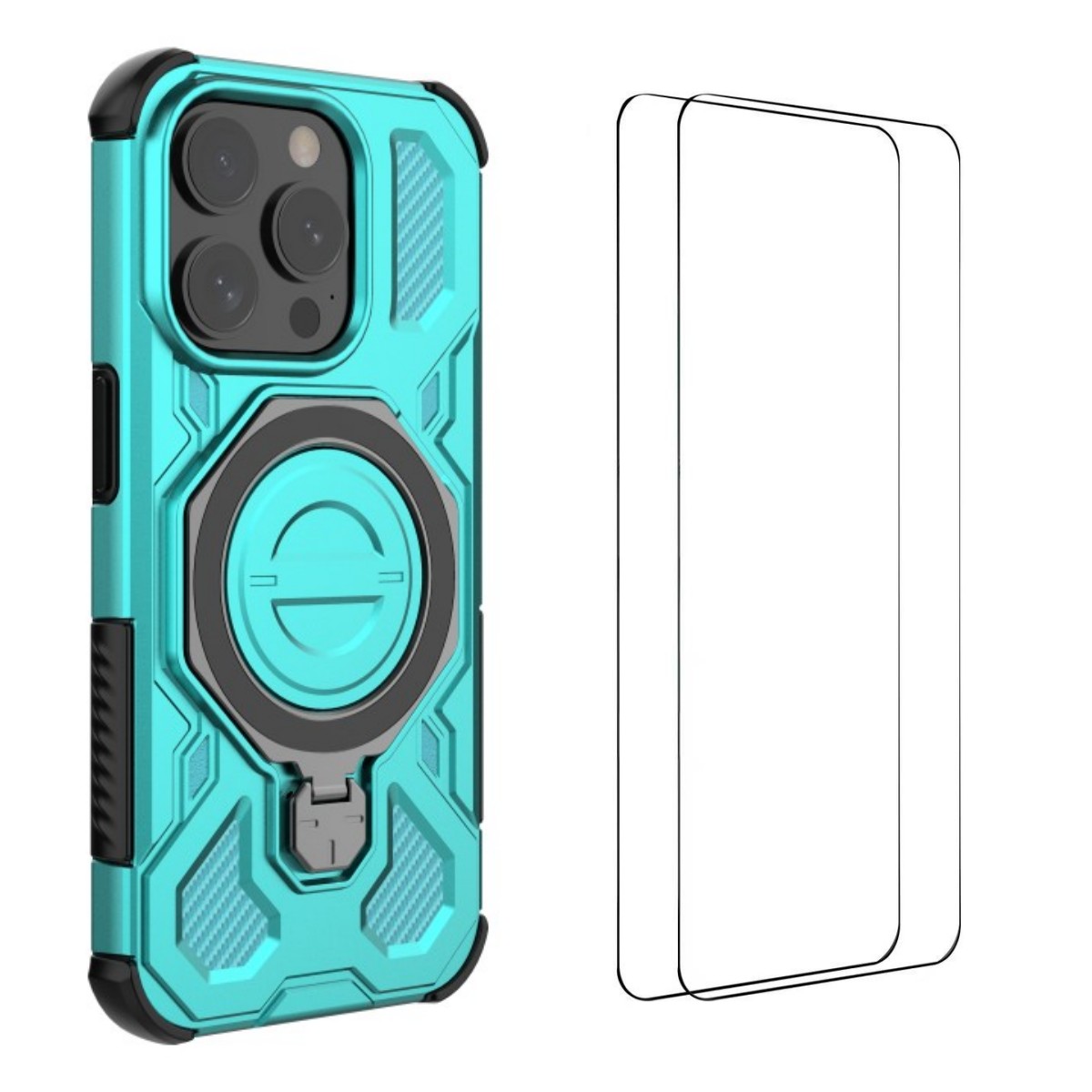 For iPhone 15 Pro Max Case Kickstand with 2Pcs Screen Film WANLONFENG KJ Series PC TPU Phone Cover (Big Lens Hole) - Green