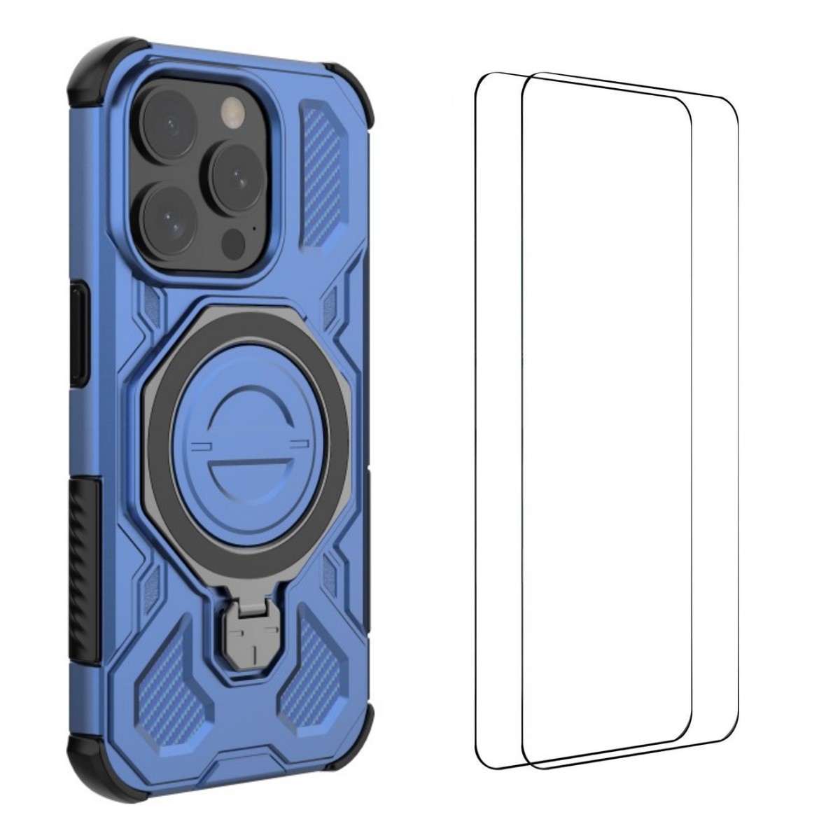 For iPhone 15 Pro Max Case Kickstand with 2Pcs Screen Film WANLONFENG KJ Series PC TPU Phone Cover (Big Lens Hole) - Blue