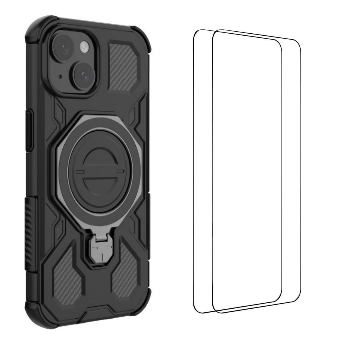 For iPhone 15 Case Kickstand with 2Pcs Screen Film WANLONFENG KJ Series PC TPU Phone Cover (Big Lens Hole) - Black