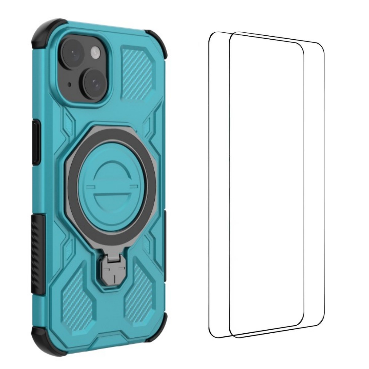 For iPhone 15 Case Kickstand with 2Pcs Screen Film WANLONFENG KJ Series PC TPU Phone Cover (Big Lens Hole) - Green