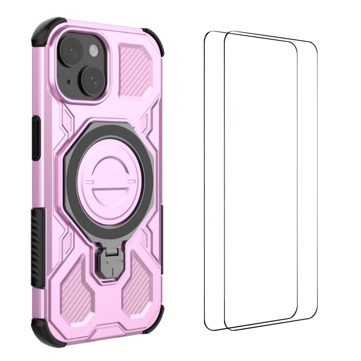 For iPhone 15 Case Kickstand with 2Pcs Screen Film WANLONFENG KJ Series PC TPU Phone Cover (Big Lens Hole) - Purple