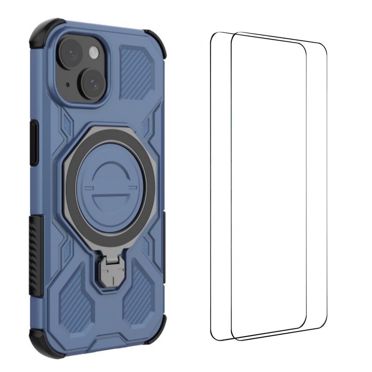 For iPhone 15 Case Kickstand with 2Pcs Screen Film WANLONFENG KJ Series PC TPU Phone Cover (Big Lens Hole) - Blue