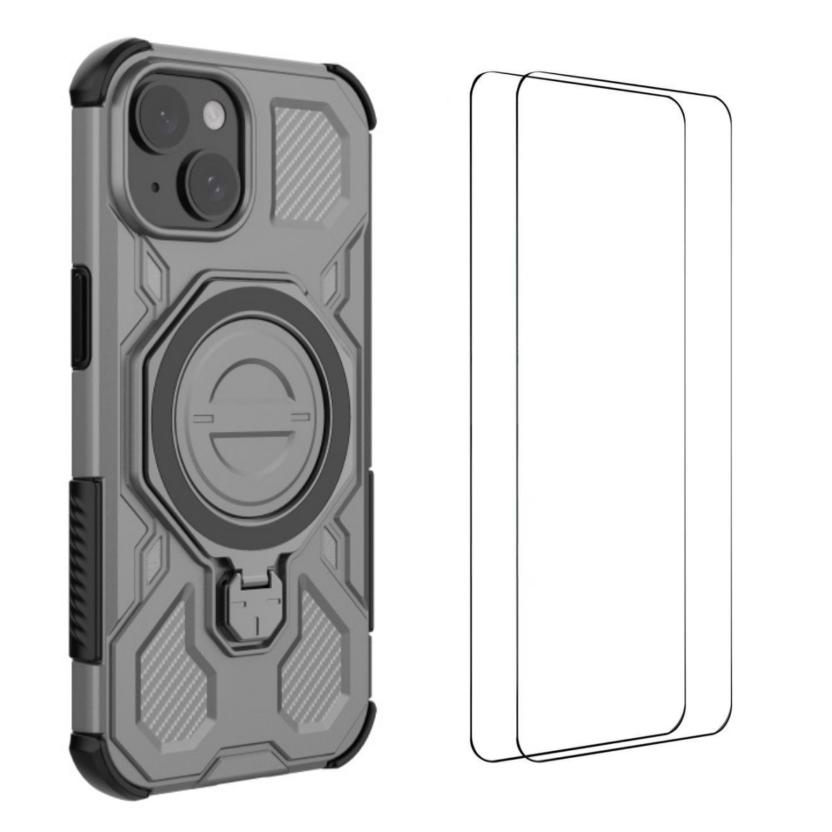 For iPhone 15 Case Kickstand with 2Pcs Screen Film WANLONFENG KJ Series PC TPU Phone Cover (Big Lens Hole) - Grey