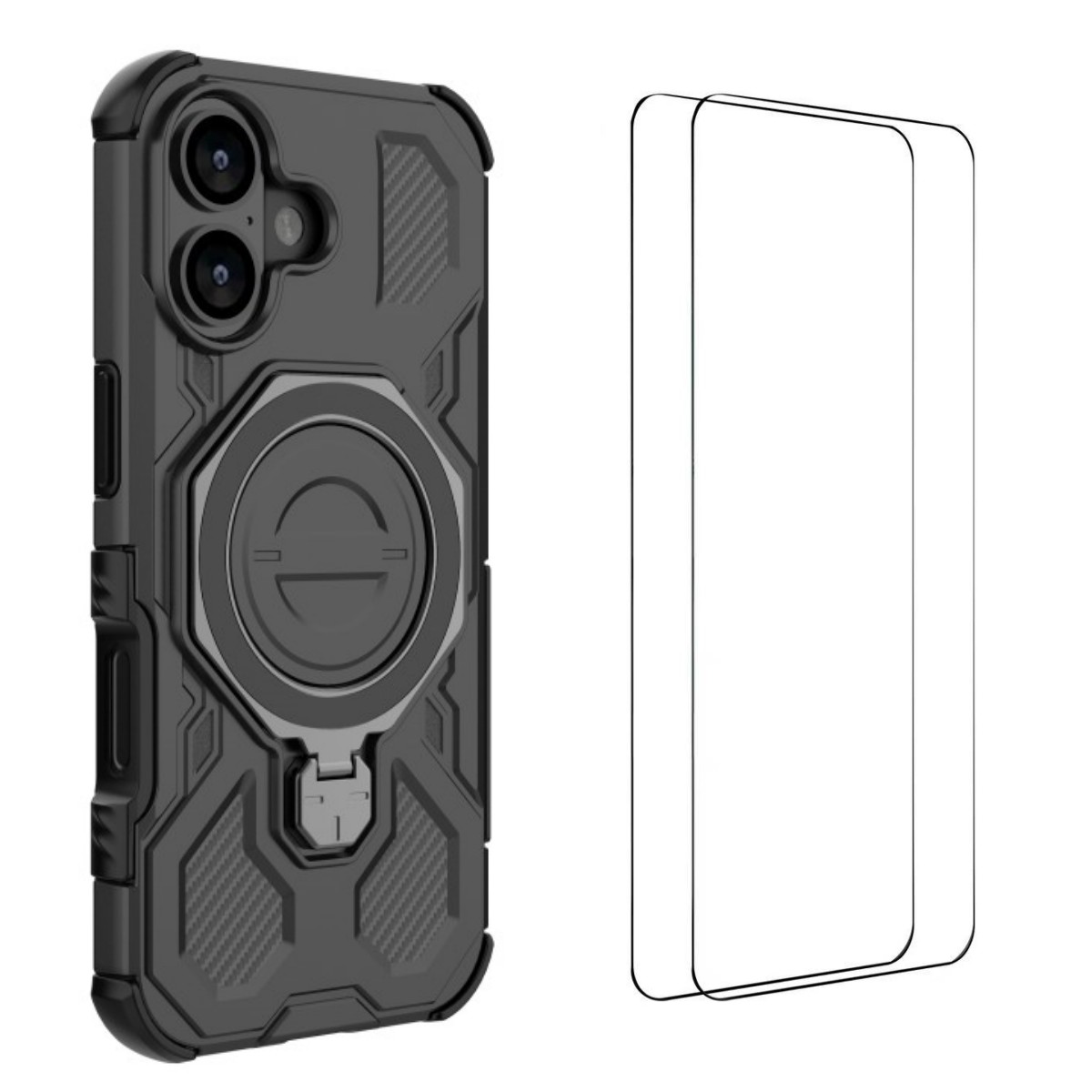 For iPhone 17 Case Kickstand with 2Pcs Screen Film WANLONFENG KJ Series PC TPU Phone Cover (Big Lens Hole) - Black