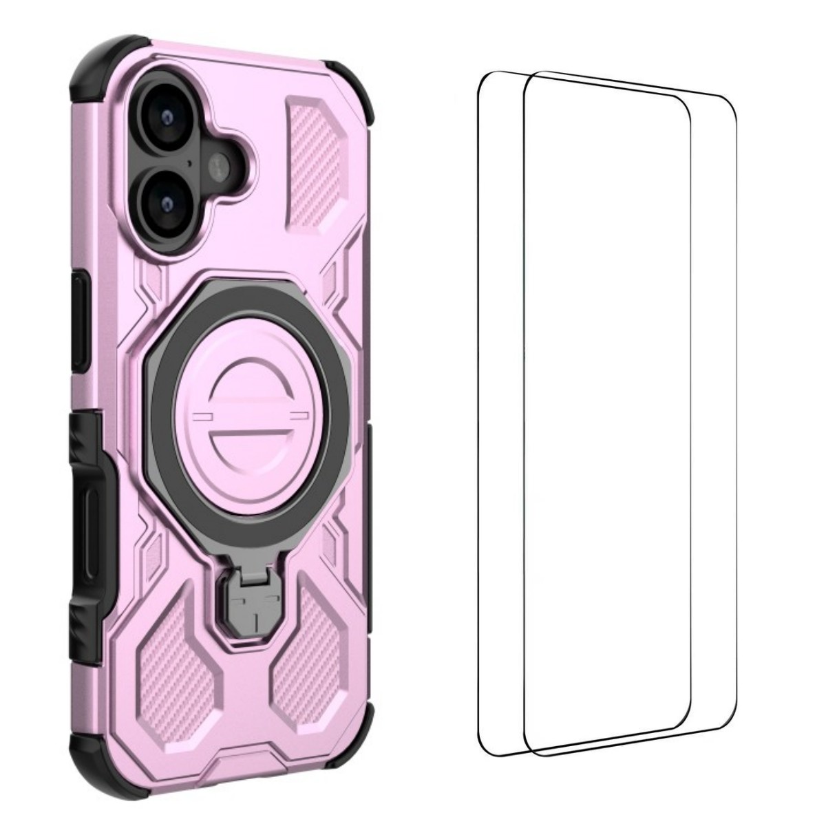 For iPhone 17 Case Kickstand with 2Pcs Screen Film WANLONFENG KJ Series PC TPU Phone Cover (Big Lens Hole) - Purple