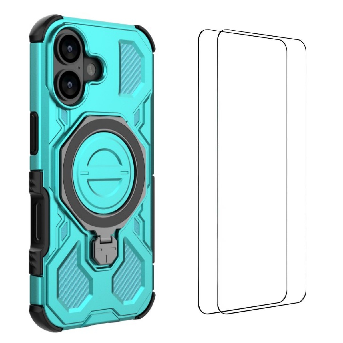 For iPhone 17 Case Kickstand with 2Pcs Screen Film WANLONFENG KJ Series PC TPU Phone Cover (Big Lens Hole) - Blue