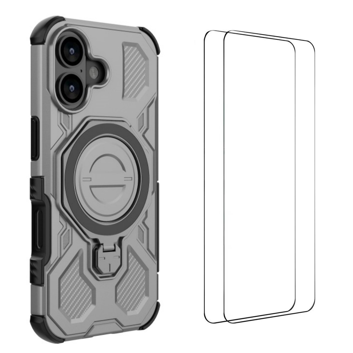 For iPhone 17 Case Kickstand with 2Pcs Screen Film WANLONFENG KJ Series PC TPU Phone Cover (Big Lens Hole) - Grey