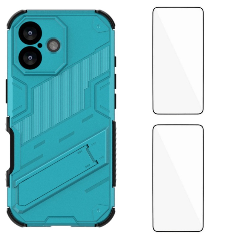 For iPhone 17 Case with 2Pcs Tempered Glass WANLONFENG KK Series PC TPU Phone Cover Kickstand Precise Cutouts - Blue