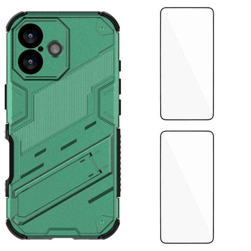 For iPhone 17 Case with 2Pcs Tempered Glass WANLONFENG KK Series PC TPU Phone Cover Kickstand Precise Cutouts - Green