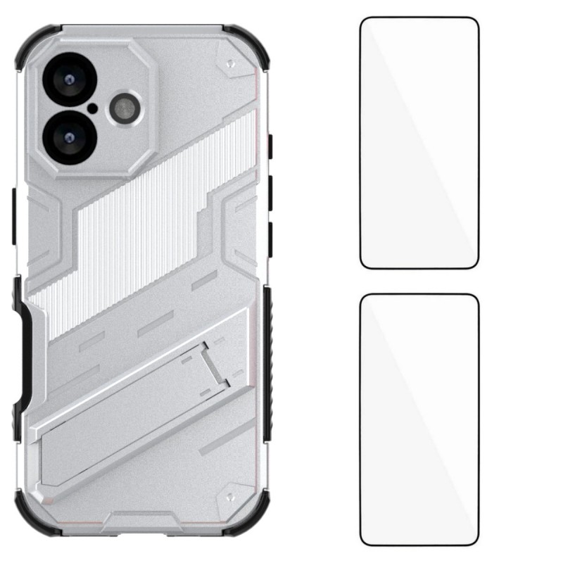 For iPhone 17 Case with 2Pcs Tempered Glass WANLONFENG KK Series PC TPU Phone Cover Kickstand Precise Cutouts - Silver