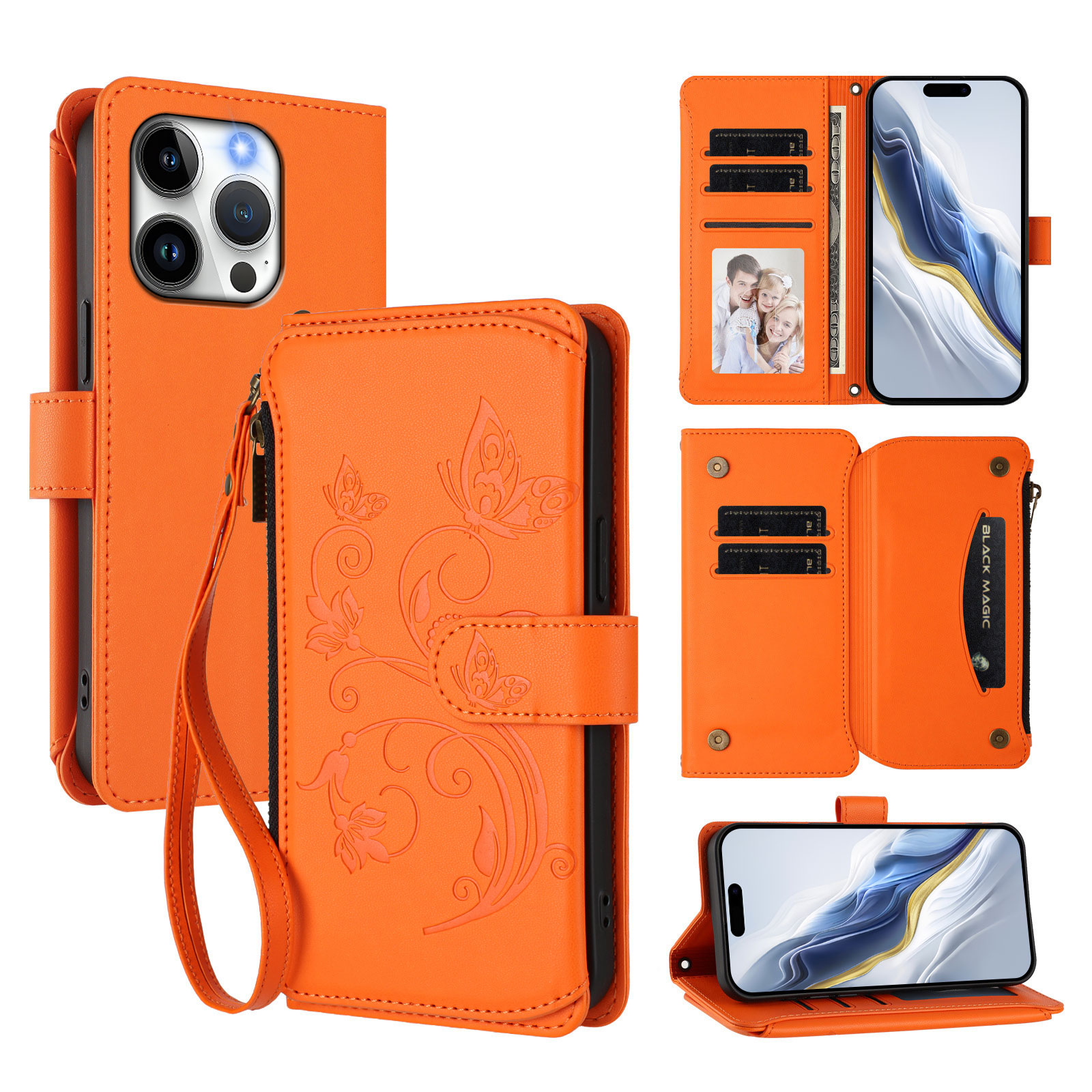 For iPhone 15 Pro Leather Case Butterfly Floral Imprint Zipper Wallet Stand Cover with Wrist Strap - Orange