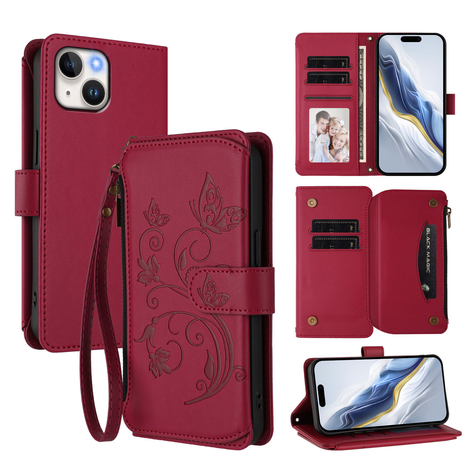 For iPhone 15 Leather Case Butterfly Floral Imprint Zipper Wallet Stand Cover with Wrist Strap - Wine Red