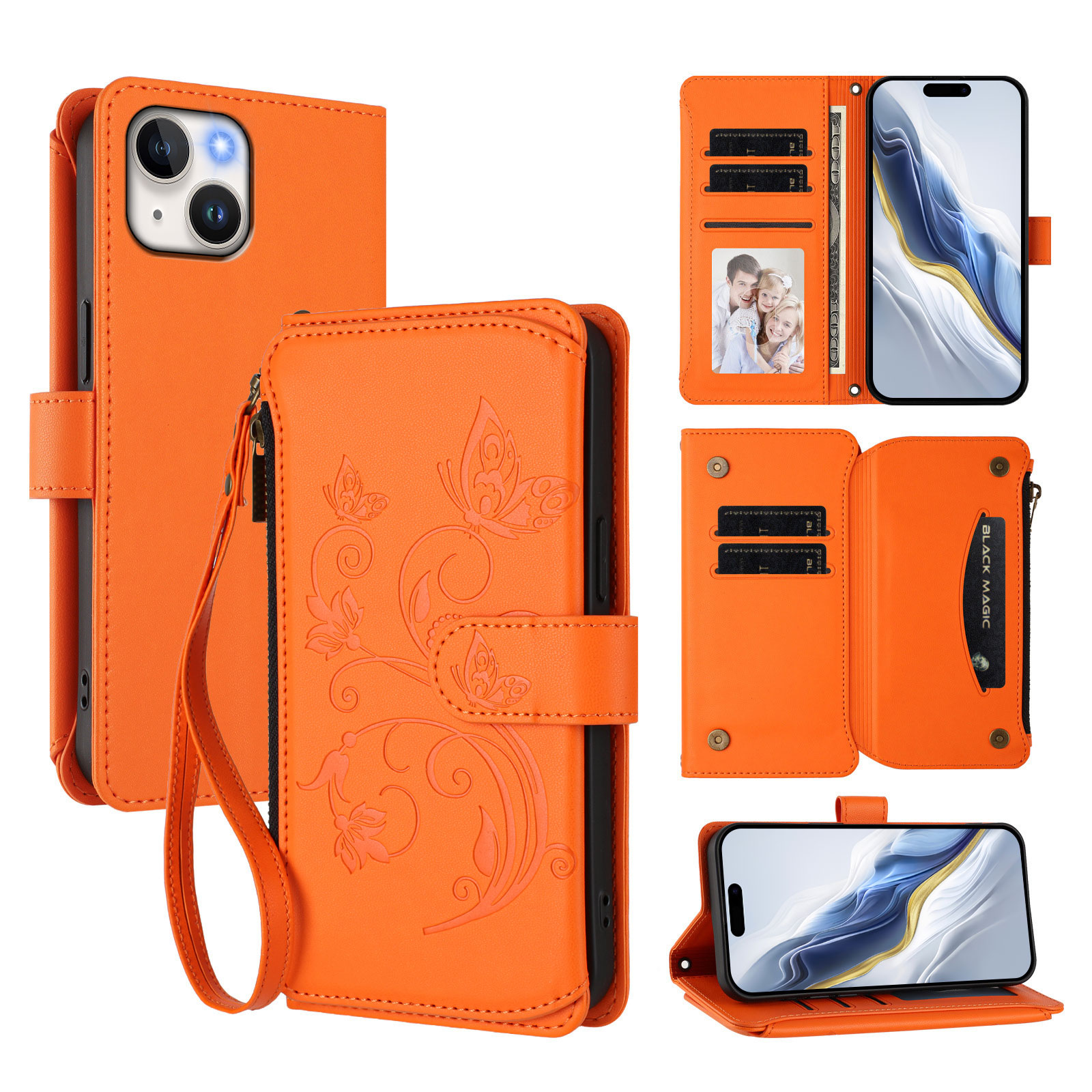 For iPhone 15 Leather Case Butterfly Floral Imprint Zipper Wallet Stand Cover with Wrist Strap - Orange