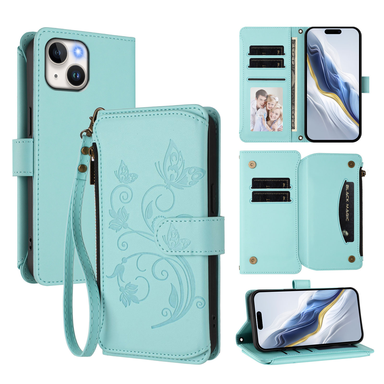 For iPhone 15 Leather Case Butterfly Floral Imprint Zipper Wallet Stand Cover with Wrist Strap - Mint Green