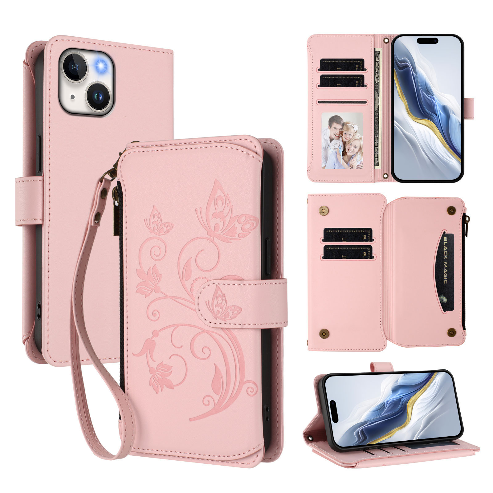For iPhone 15 Leather Case Butterfly Floral Imprint Zipper Wallet Stand Cover with Wrist Strap - Pink