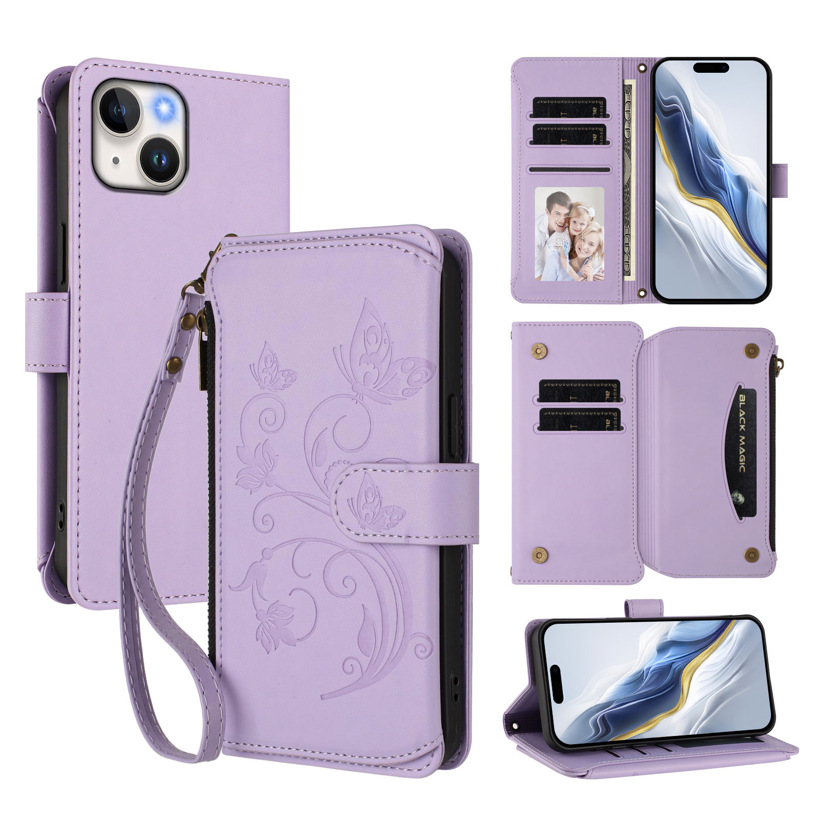 For iPhone 15 Leather Case Butterfly Floral Imprint Zipper Wallet Stand Cover with Wrist Strap - Light Purple