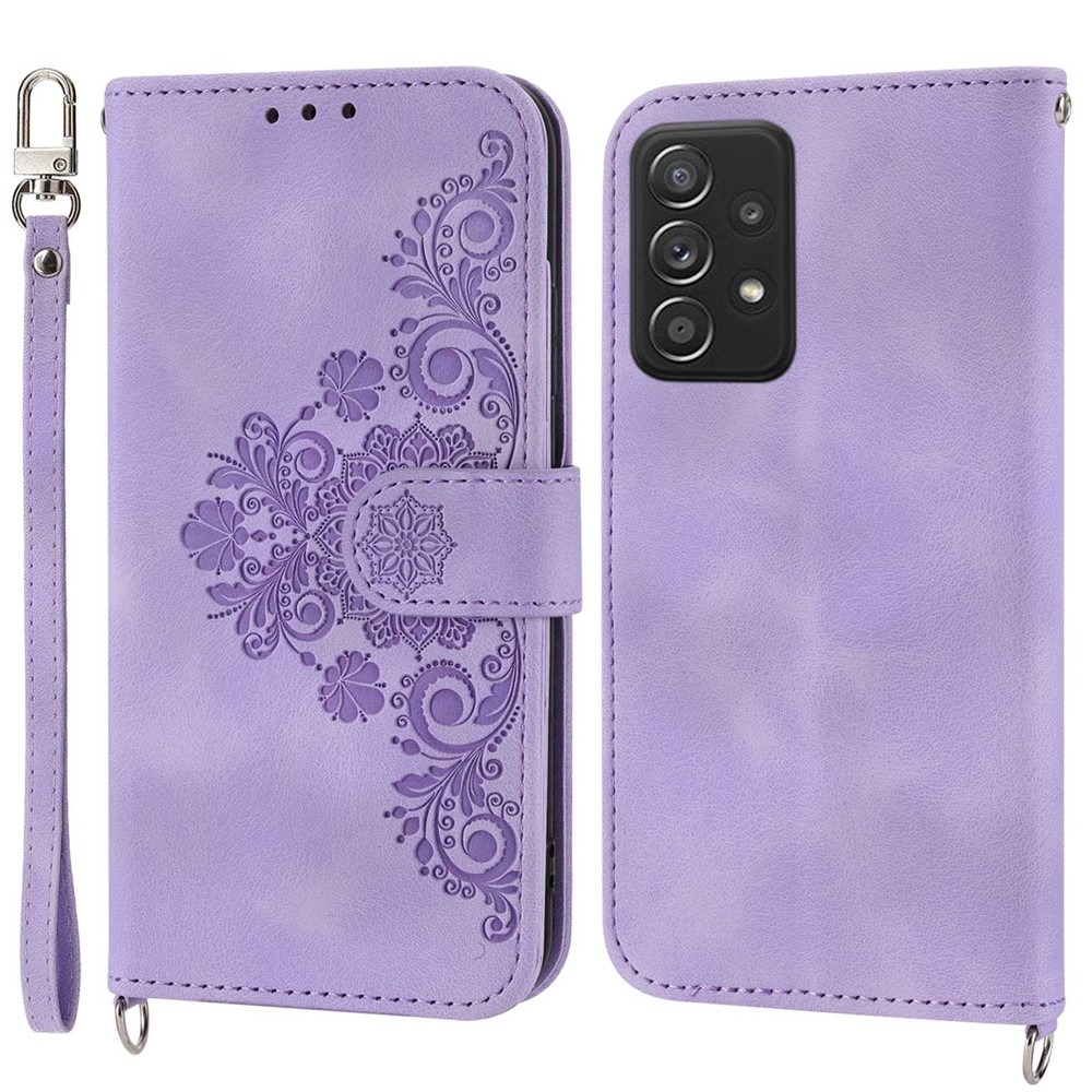 For Samsung Galaxy A72 4G / 5G Imprinted Flowers Drop-proof Phone Case Skin-Touch PU Leather Stand Card Holder Flip Wallet Cover with Wrist Strap and Shoulder Strap - Light Purple