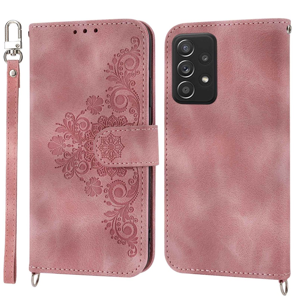 For Samsung Galaxy A72 4G / 5G Imprinted Flowers Drop-proof Phone Case Skin-Touch PU Leather Stand Card Holder Flip Wallet Cover with Wrist Strap and Shoulder Strap - Pink