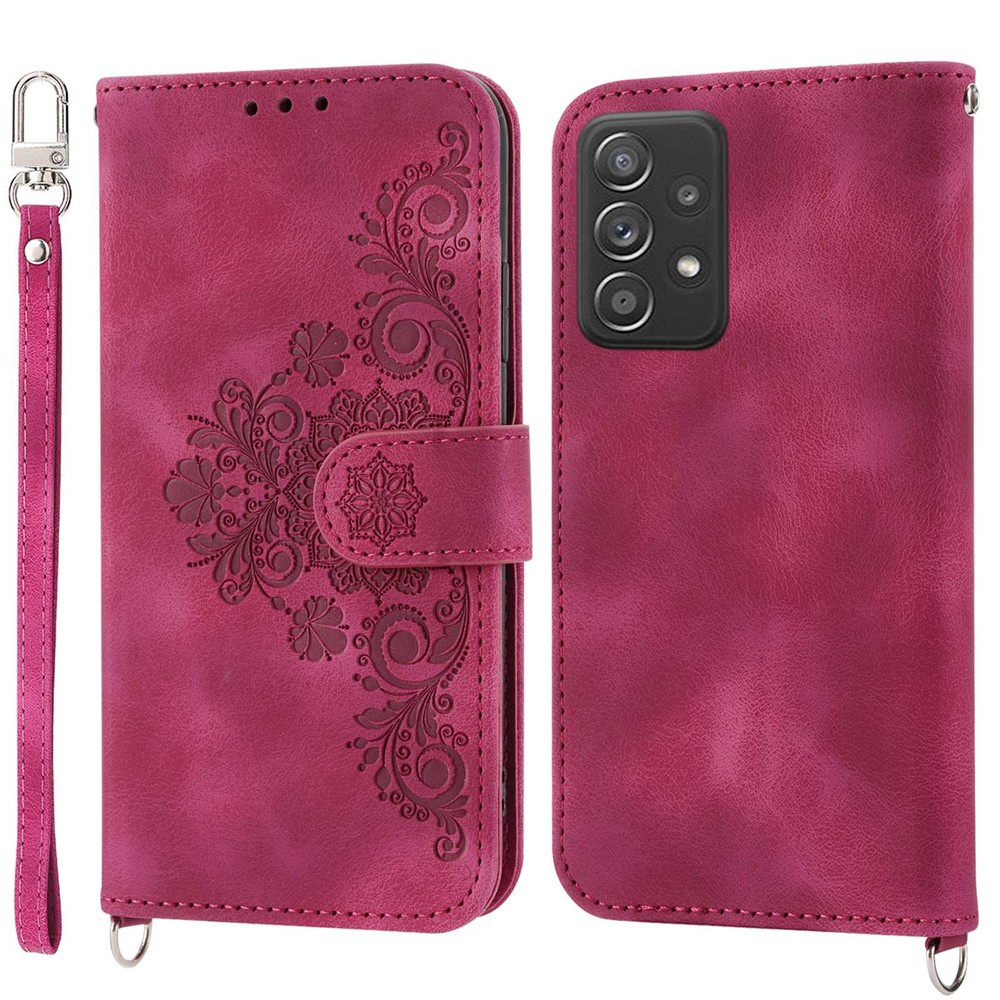 For Samsung Galaxy A72 4G / 5G Imprinted Flowers Drop-proof Phone Case Skin-Touch PU Leather Stand Card Holder Flip Wallet Cover with Wrist Strap and Shoulder Strap - Wine Red