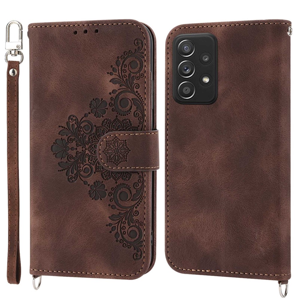 For Samsung Galaxy A72 4G / 5G Imprinted Flowers Drop-proof Phone Case Skin-Touch PU Leather Stand Card Holder Flip Wallet Cover with Wrist Strap and Shoulder Strap - Brown