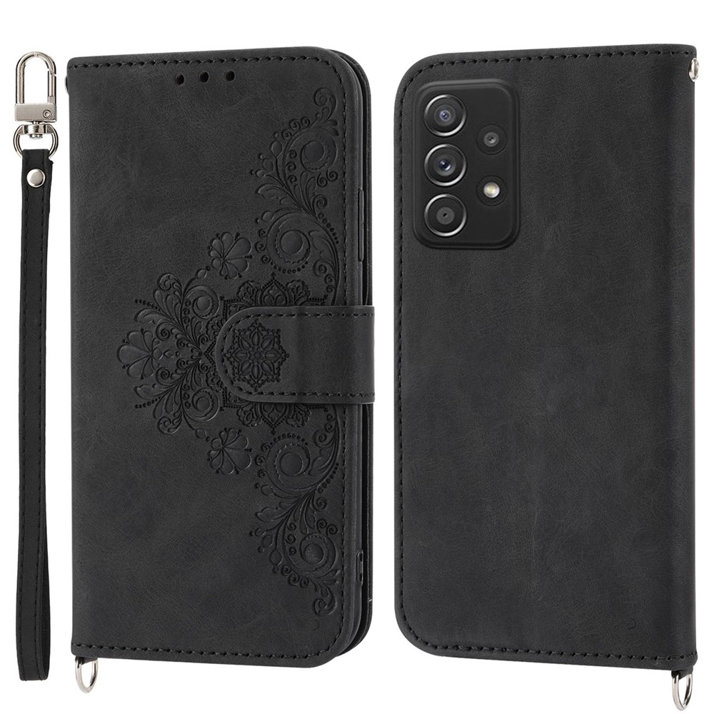 For Samsung Galaxy A72 4G / 5G Imprinted Flowers Drop-proof Phone Case Skin-Touch PU Leather Stand Card Holder Flip Wallet Cover with Wrist Strap and Shoulder Strap - Black