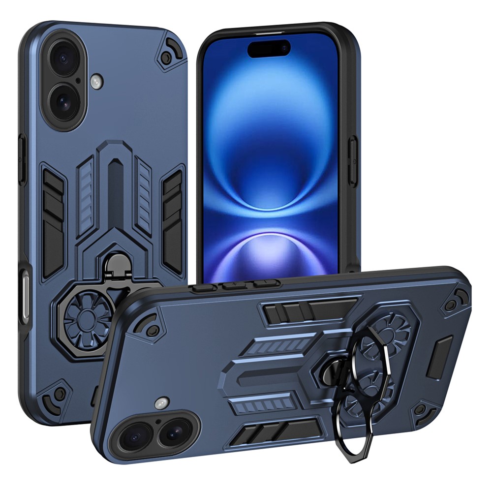 For iPhone 16 Plus Case Ring Holder Kickstand PC + TPU Shockproof Phone Cover - Navy Blue