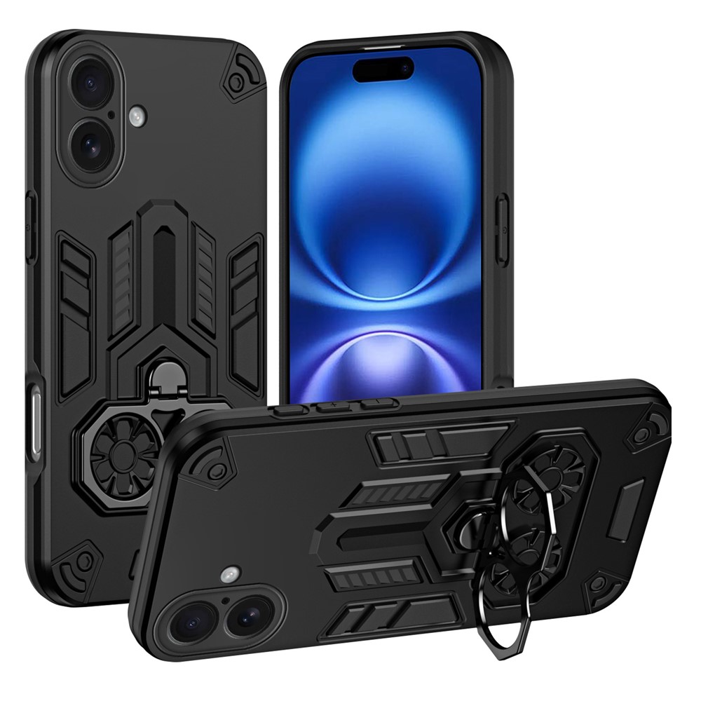 For iPhone 16 Plus Case Ring Holder Kickstand PC + TPU Shockproof Phone Cover - Black