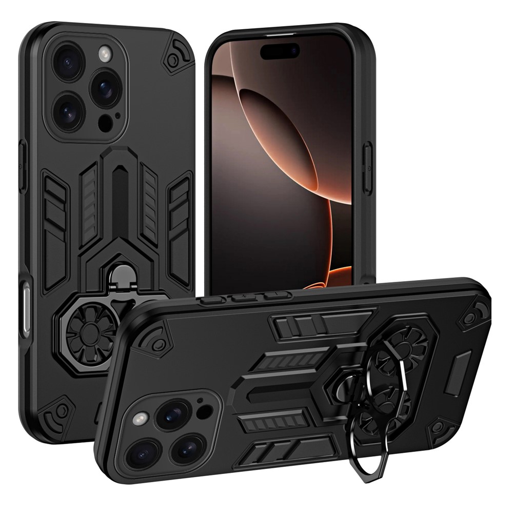 For iPhone 16 Pro Case Ring Holder Kickstand PC + TPU Shockproof Phone Cover - Black