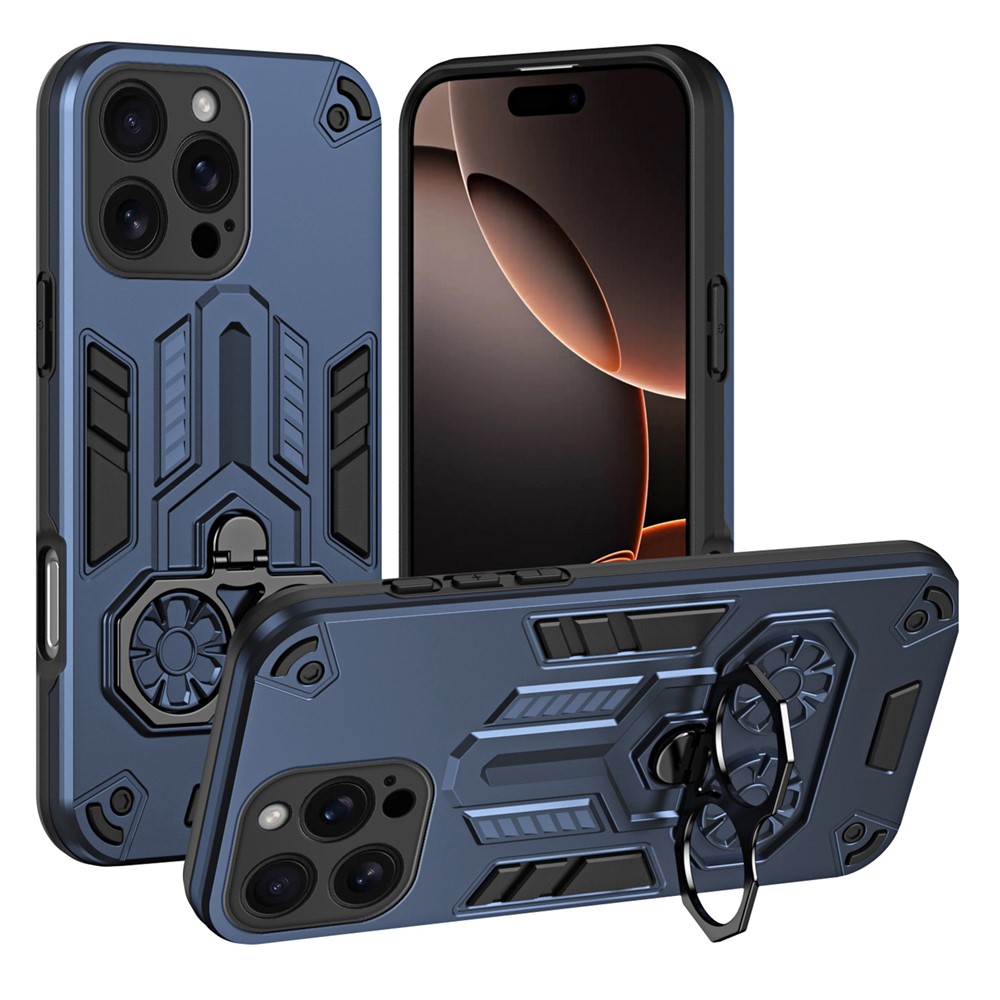 For iPhone 16 Pro Max Case Ring Holder Kickstand PC + TPU Shockproof Phone Cover - Navy Blue