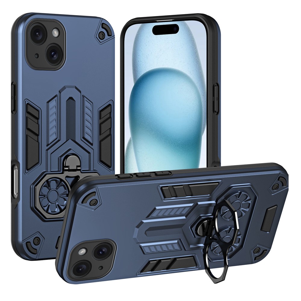 For iPhone 15 Plus Case Ring Holder Kickstand PC + TPU Shockproof Phone Cover - Navy Blue