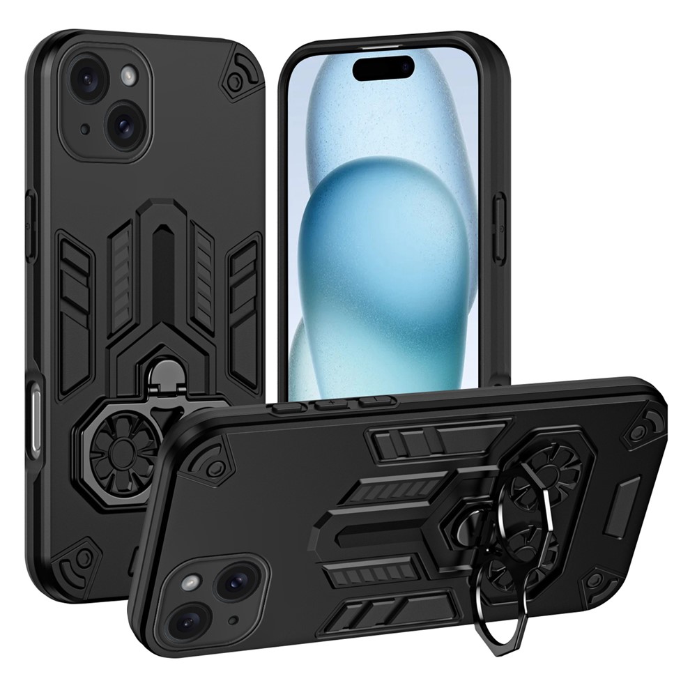 For iPhone 15 Plus Case Ring Holder Kickstand PC + TPU Shockproof Phone Cover - Black