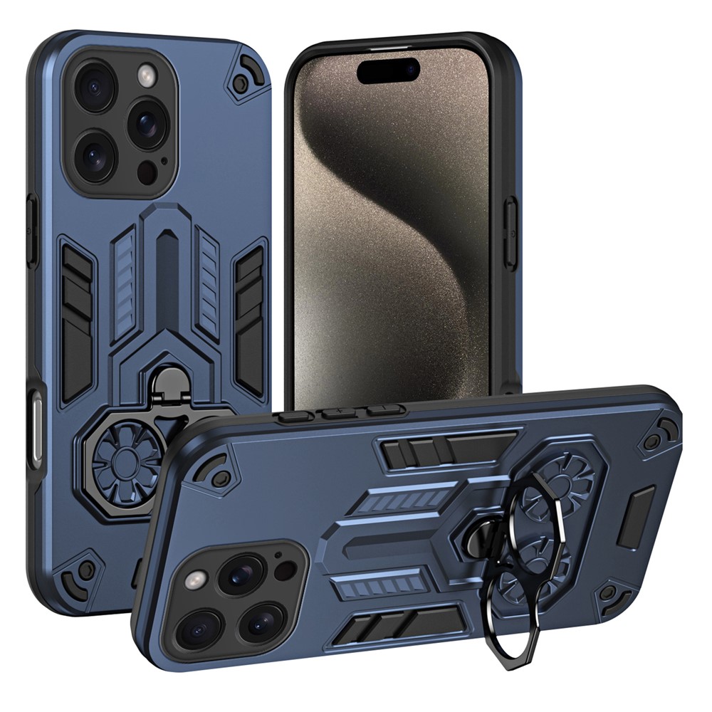 For iPhone 15 Pro Case Ring Holder Kickstand PC + TPU Shockproof Phone Cover - Navy Blue