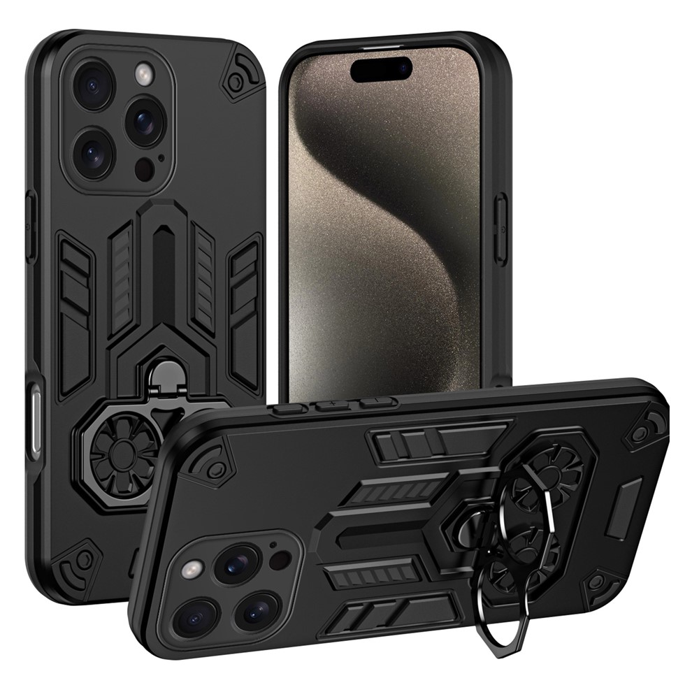 For iPhone 15 Pro Case Ring Holder Kickstand PC + TPU Shockproof Phone Cover - Black