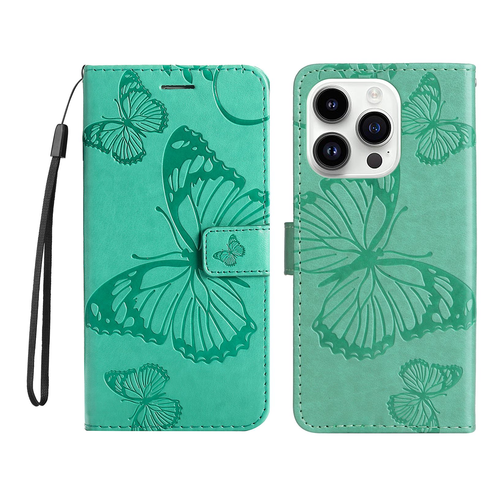 For iPhone 15 Pro Wallet Case Floral Butterfly Imprinted Leather Phone Cover Stand -  Green