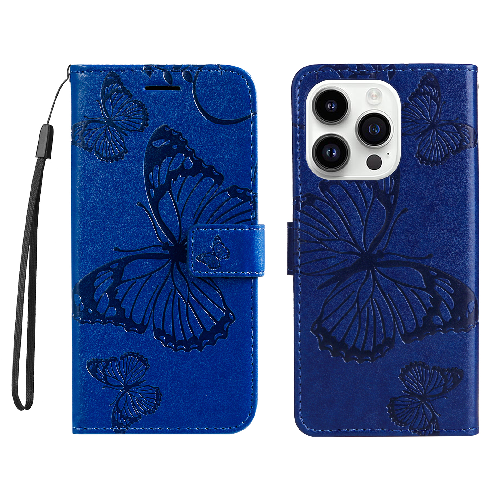For iPhone 15 Pro Wallet Case Floral Butterfly Imprinted Leather Phone Cover Stand - Blue