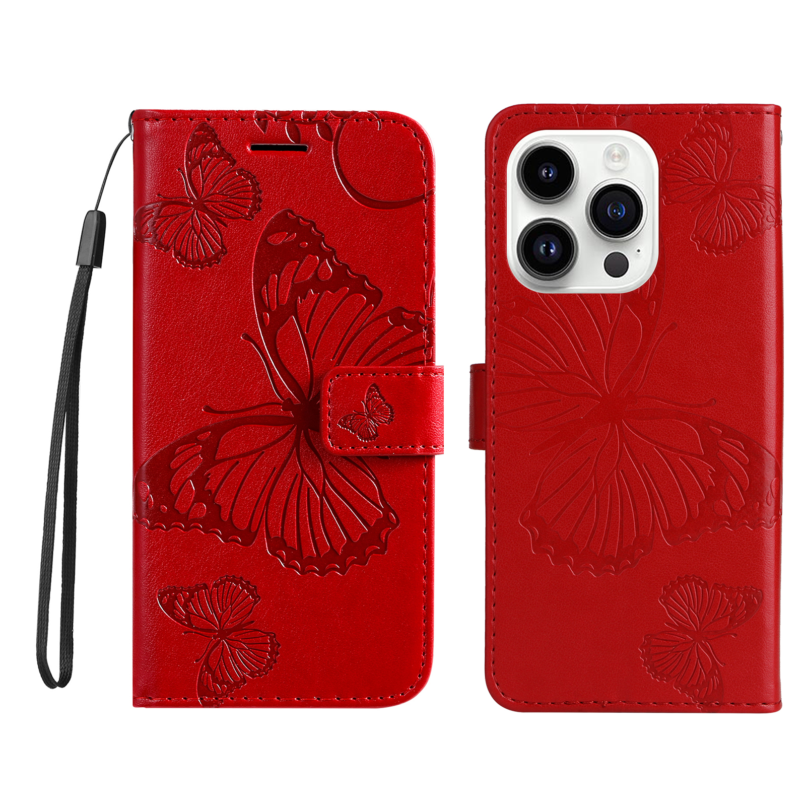 For iPhone 15 Pro Wallet Case Floral Butterfly Imprinted Leather Phone Cover Stand - Red