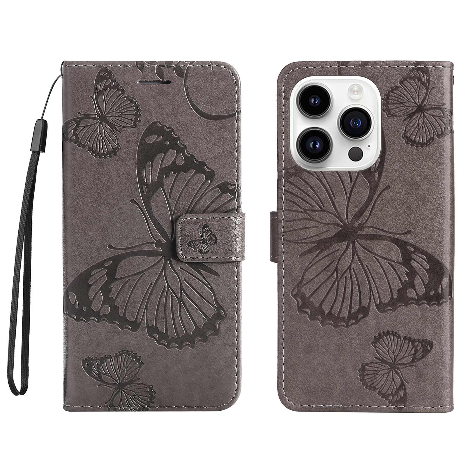For iPhone 15 Pro Wallet Case Floral Butterfly Imprinted Leather Phone Cover Stand -  Rose Gold